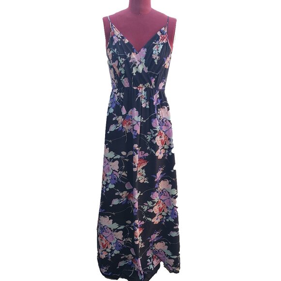 Yumi Kim Maxi Dress Black Silk Floral V Neck Sleeveless Pockets Medium - Picture 1 of 7